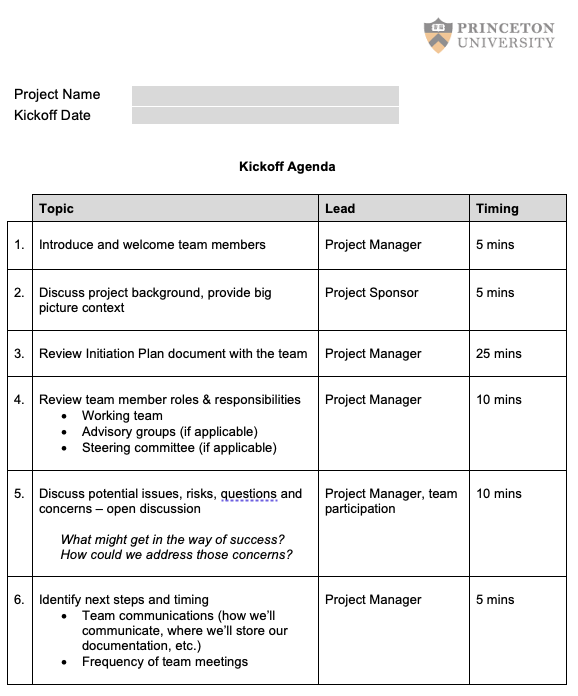 Project Kickoff Agenda Sample